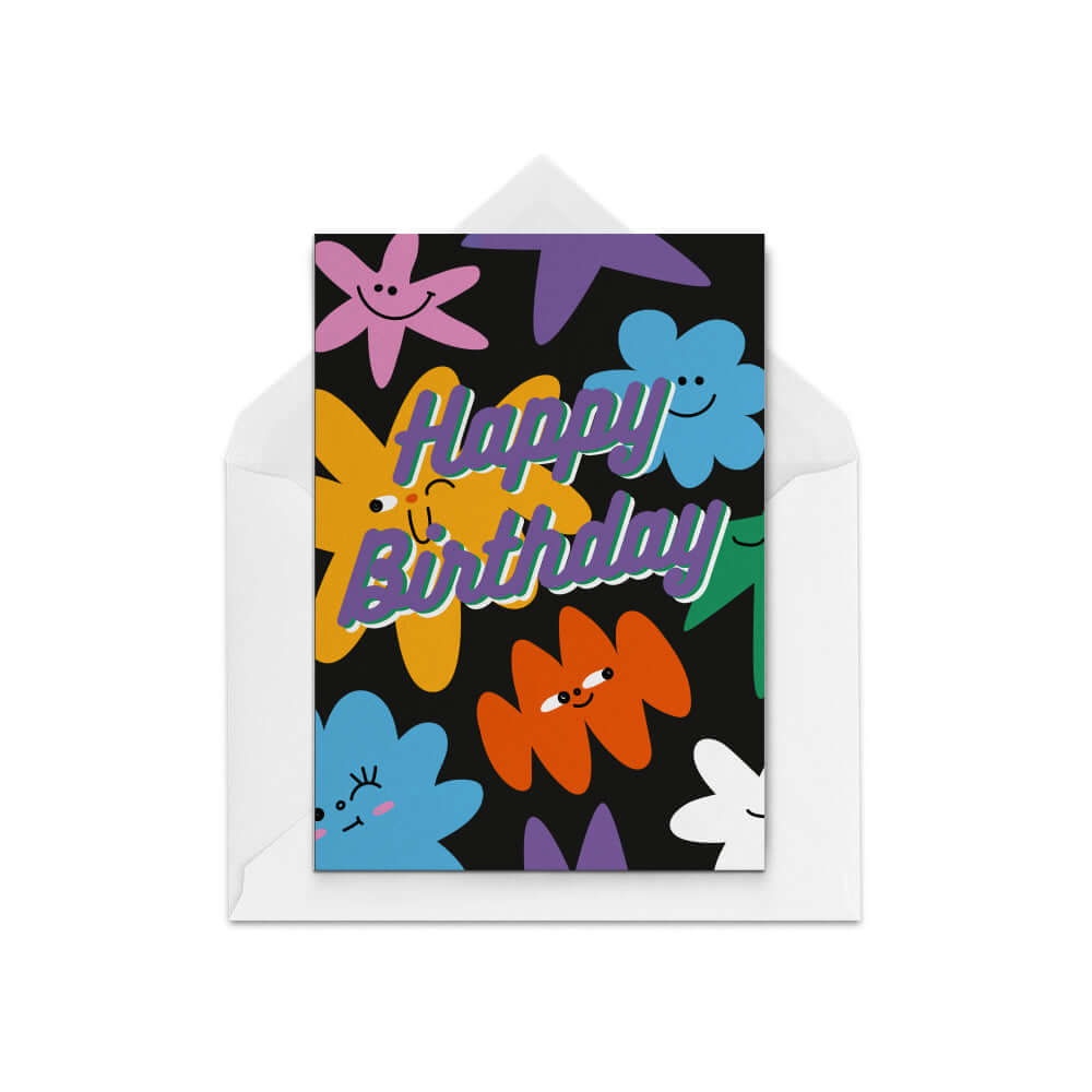 black birthday card with cute faces