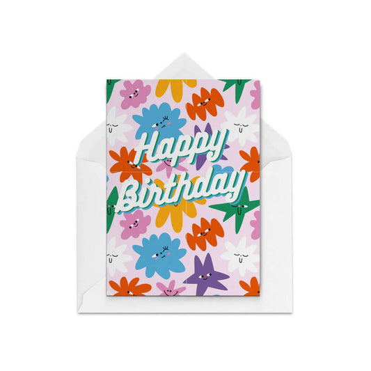 cute pink birthday card with faces